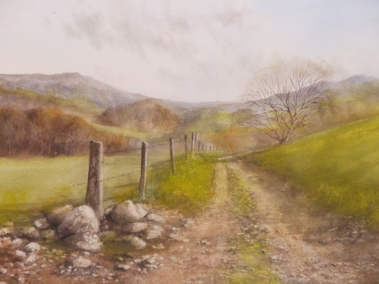 KEN MESSER (1931-2018) ARR, UPLAND LANDSCAPE IN SPRING, SIGNED, WATERCOLOUR, 41 X 31.5CM.