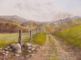 KEN MESSER (1931-2018) ARR, UPLAND LANDSCAPE IN SPRING, SIGNED, WATERCOLOUR, 41 X 31.5CM.