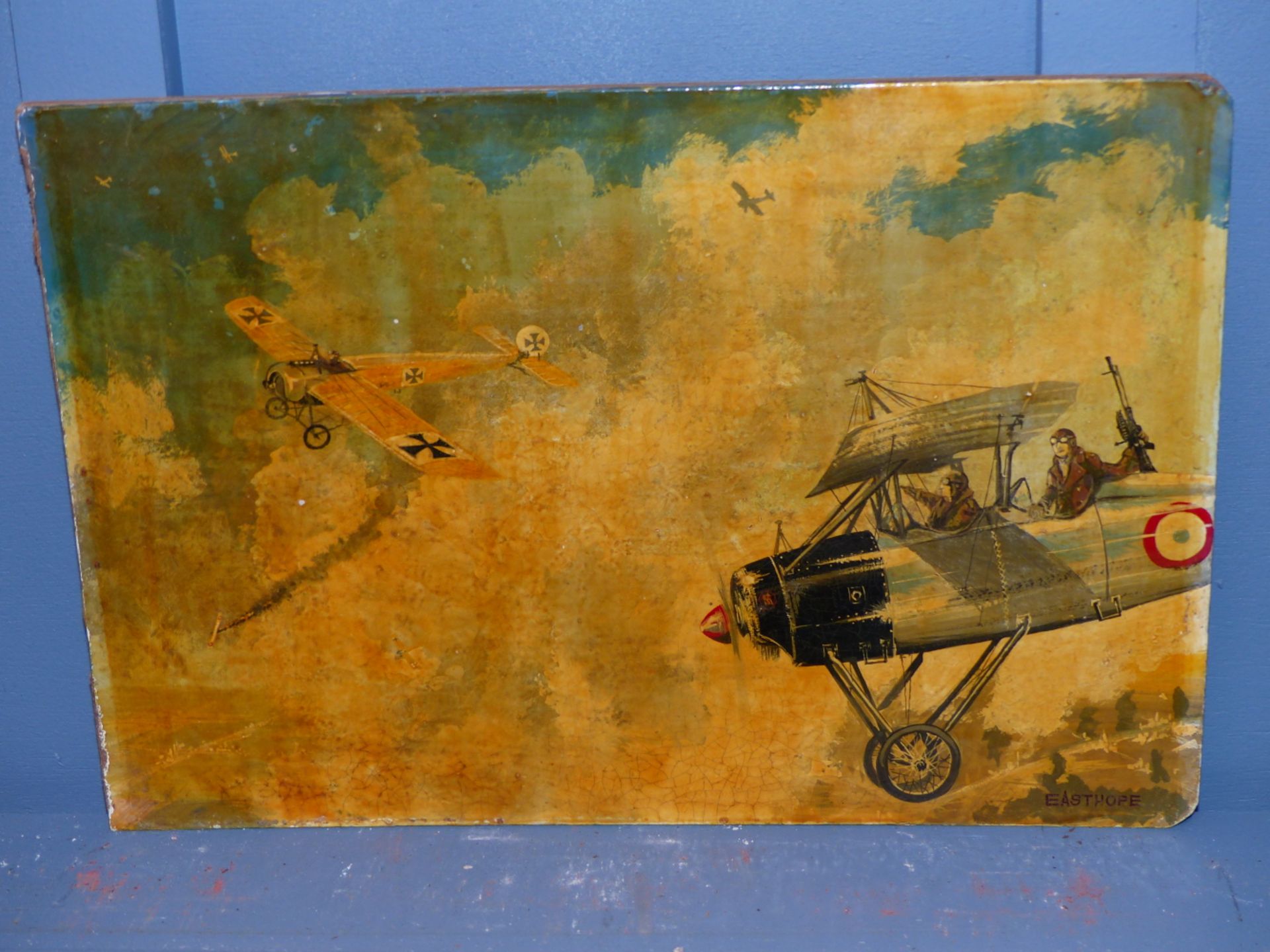 JOHN EASTHOPE (20TH CENTURY), A FIRST WORLD WAR DOGFIGHT WITH A  GERMAN PLANE, SIGNED, OIL ON BOARD, - Image 2 of 3