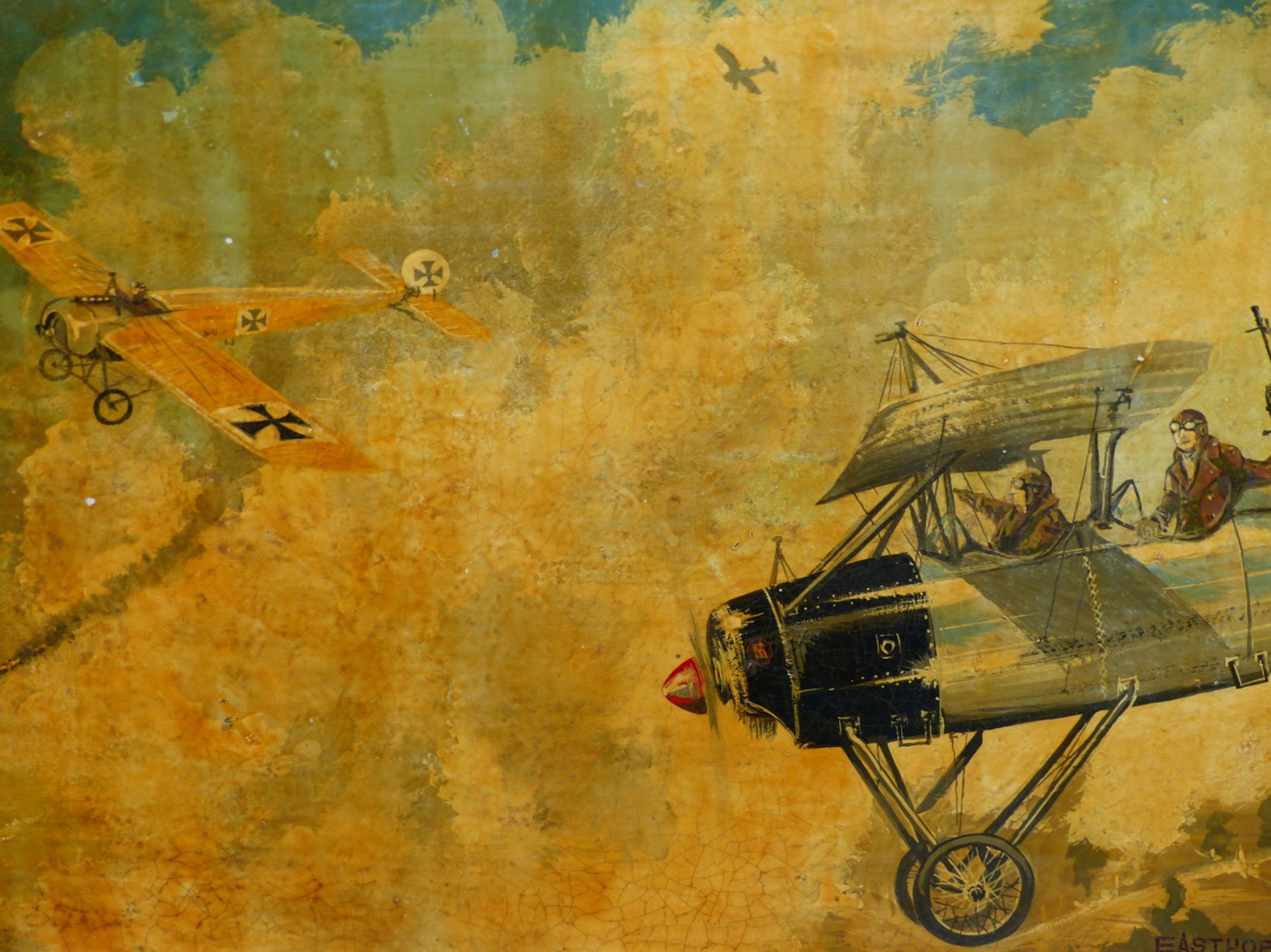 JOHN EASTHOPE (20TH CENTURY), A FIRST WORLD WAR DOGFIGHT WITH A  GERMAN PLANE, SIGNED, OIL ON BOARD,