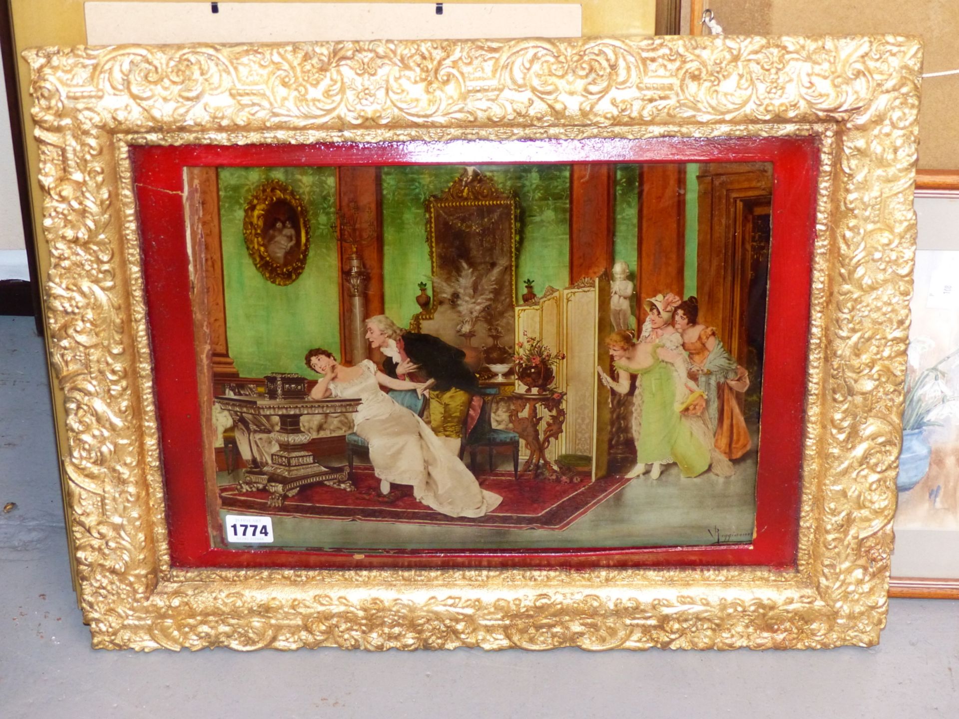 AFTER REGGIANINI, A CRYSTOLEUM ON CONVEX GLASS OF A COURTING COUPLE IN AN INTERIOR, 36.5 X 28CM. - Image 3 of 3