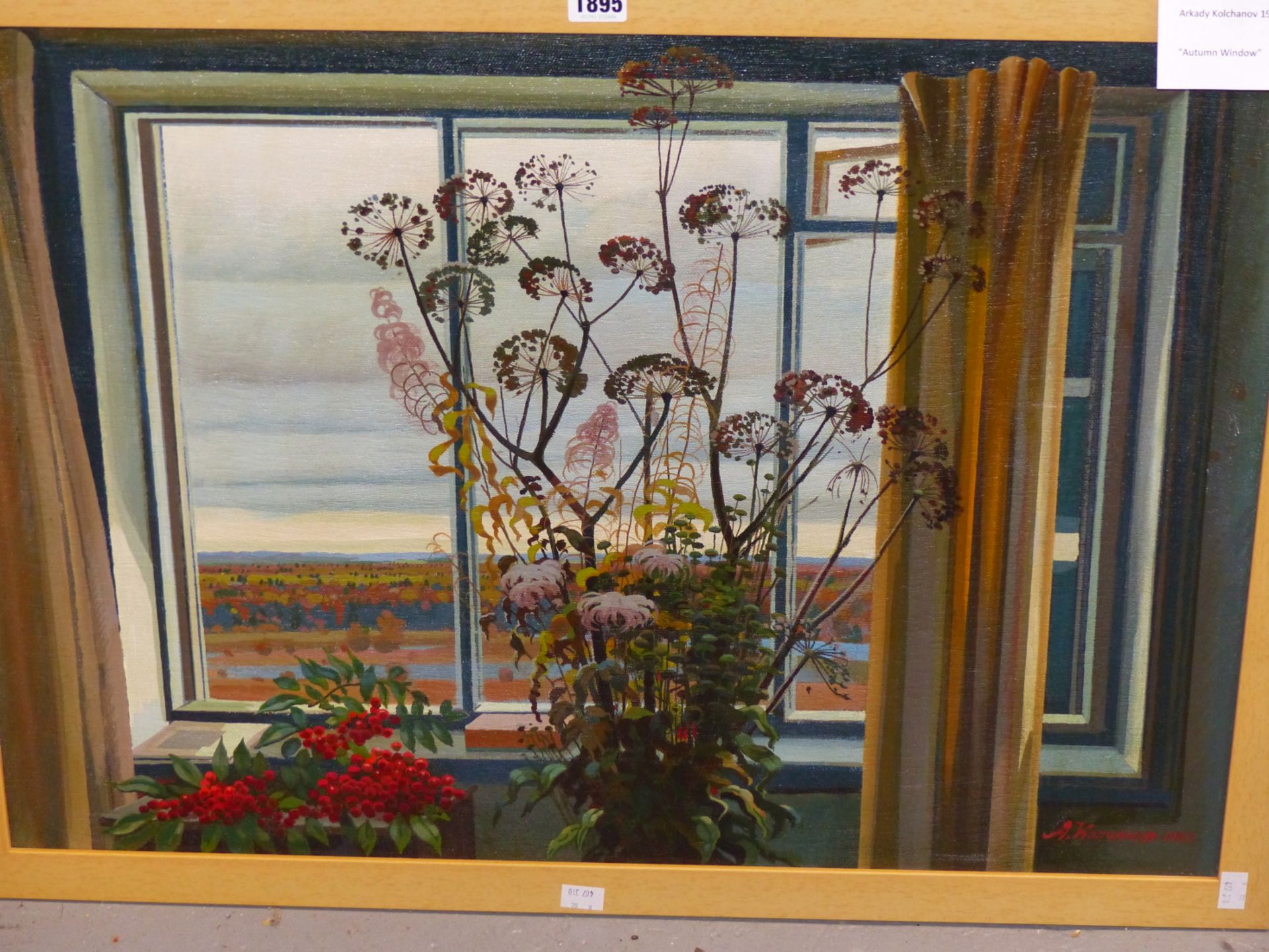 ARKADY MIKHAILOVICH KOLCHANOV (1925-2008) RUSSIAN, AUTUMN WINDOW, SIGNED AND DATED 1990, OIL ON - Image 2 of 6