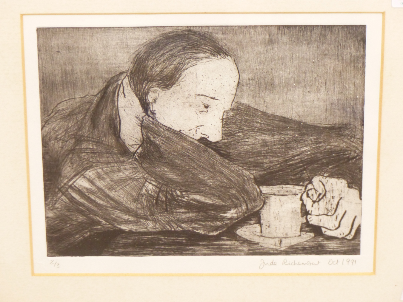 JUDE RICHEMONT, 20THC. UNKNOWN PERSON HUNCHED OVER A CUP OF TEA. NUMBERED EDITION 2/3, DATED OCT