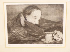 JUDE RICHEMONT, 20THC. UNKNOWN PERSON HUNCHED OVER A CUP OF TEA. NUMBERED EDITION 2/3, DATED OCT