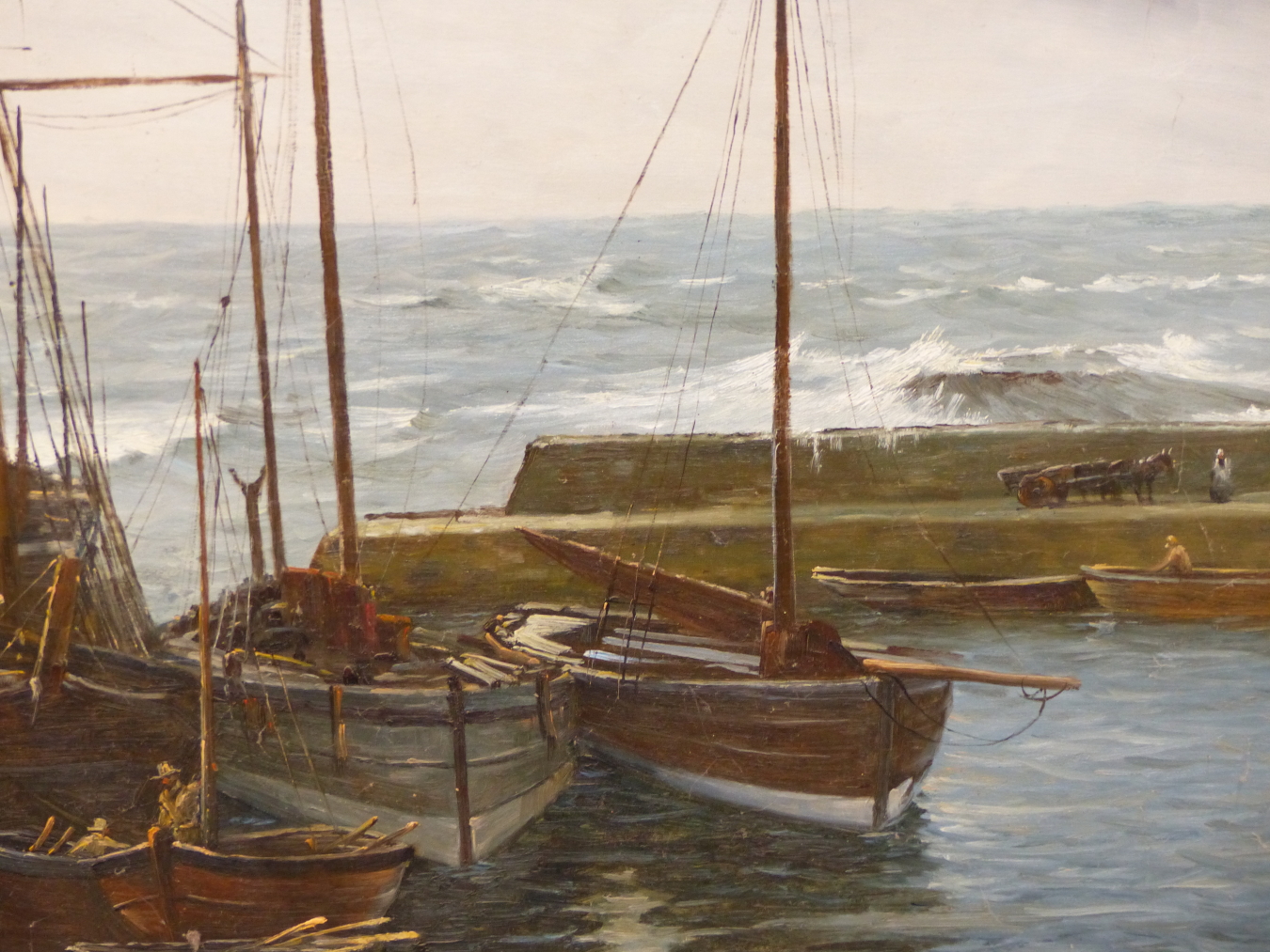 DUTCH SCHOOL (20TH CENTURY), FISHERFOLK ON A PIER IN STORMY SEAS, OIL ON CANVAS, UNFRAMED, 122.5 X - Image 5 of 9