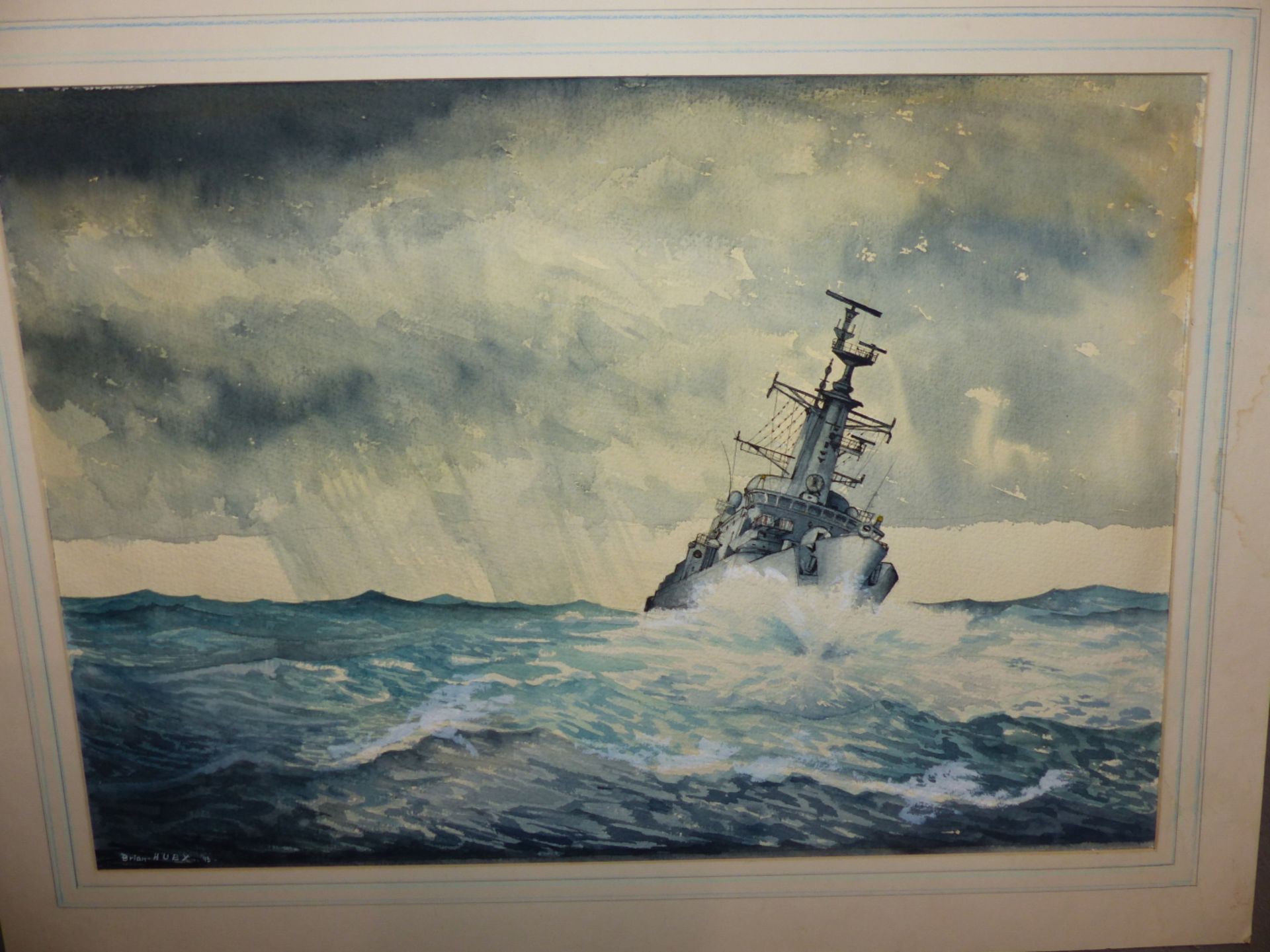 BRIAN HUBY (20TH CENTURY) ARR, TRAWLER IN HEAVY SEAS, SIGNED AND DATED '87, WATERCOLOUR, UNFRAMED, - Image 3 of 3