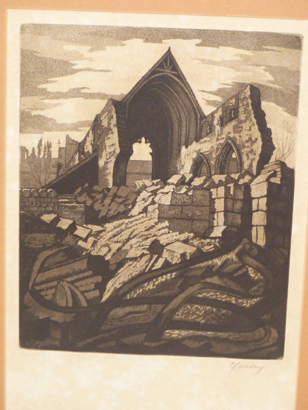 CYRIL LAWRENCE FEREDAY AKA JOSEPH, BRITISH B. 1917. BOMBED WRECKAGE OF A CHURCH, BELIEVED TO BE