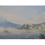 C. VOSS (19TH CENTURY), MOUNTAINOUS LANDSCAPE WITH BOATS ON A LAKE, SIGNED, WATERCOLOUR, 43 X 25.