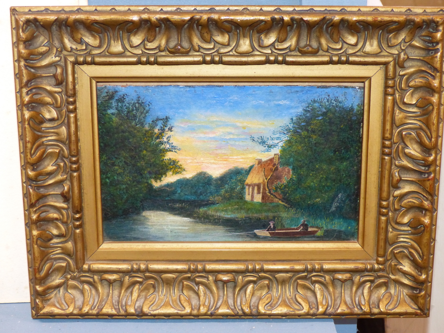 ENGLISH SCHOOL, RIVER LANDSCAPE WITH FIGURES IN BOATS, OIL ON BOARD, 18 X 11CM.