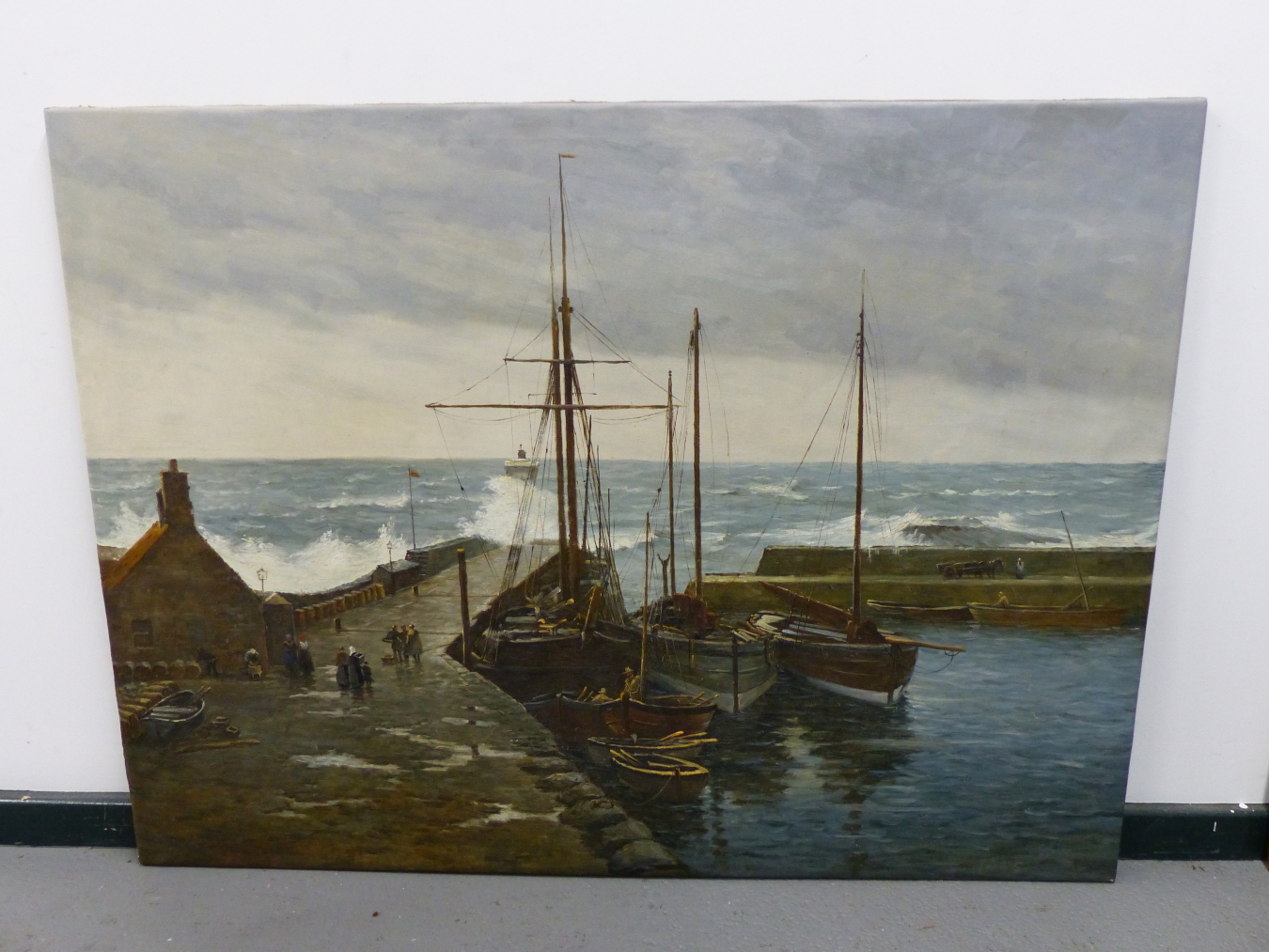 DUTCH SCHOOL (20TH CENTURY), FISHERFOLK ON A PIER IN STORMY SEAS, OIL ON CANVAS, UNFRAMED, 122.5 X - Image 2 of 9