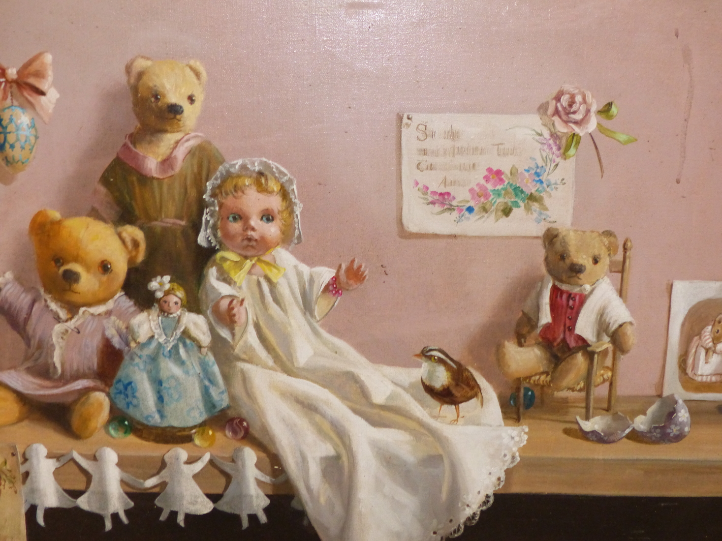 DEBORAH JONES (1921-2012) ARR, TEDDY BEARS AND DOLLS ON A SHELF, SIGNED AND DATED 1982, OIL ON - Image 5 of 5