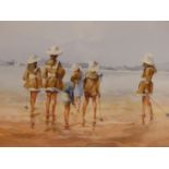 FRANCIS LEKE (1912-?), CHILDREN ON A BEACH, SIGNED, WATERCOLOUR, 35.5 X 25CM, TOGETHER WITH