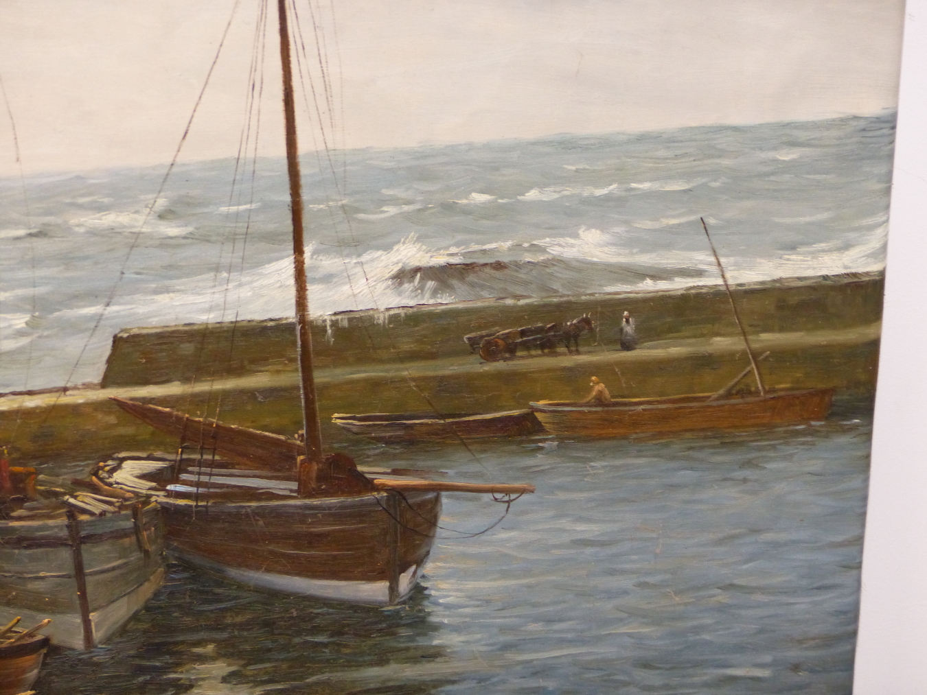 DUTCH SCHOOL (20TH CENTURY), FISHERFOLK ON A PIER IN STORMY SEAS, OIL ON CANVAS, UNFRAMED, 122.5 X - Image 6 of 9