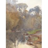 ALFRED WILLIAM PARSONS, BRITISH 1847-1920. RIVERSIDE VISTA. WATERCOLOUR, MONOGRAMMED LOWER RIGHT,