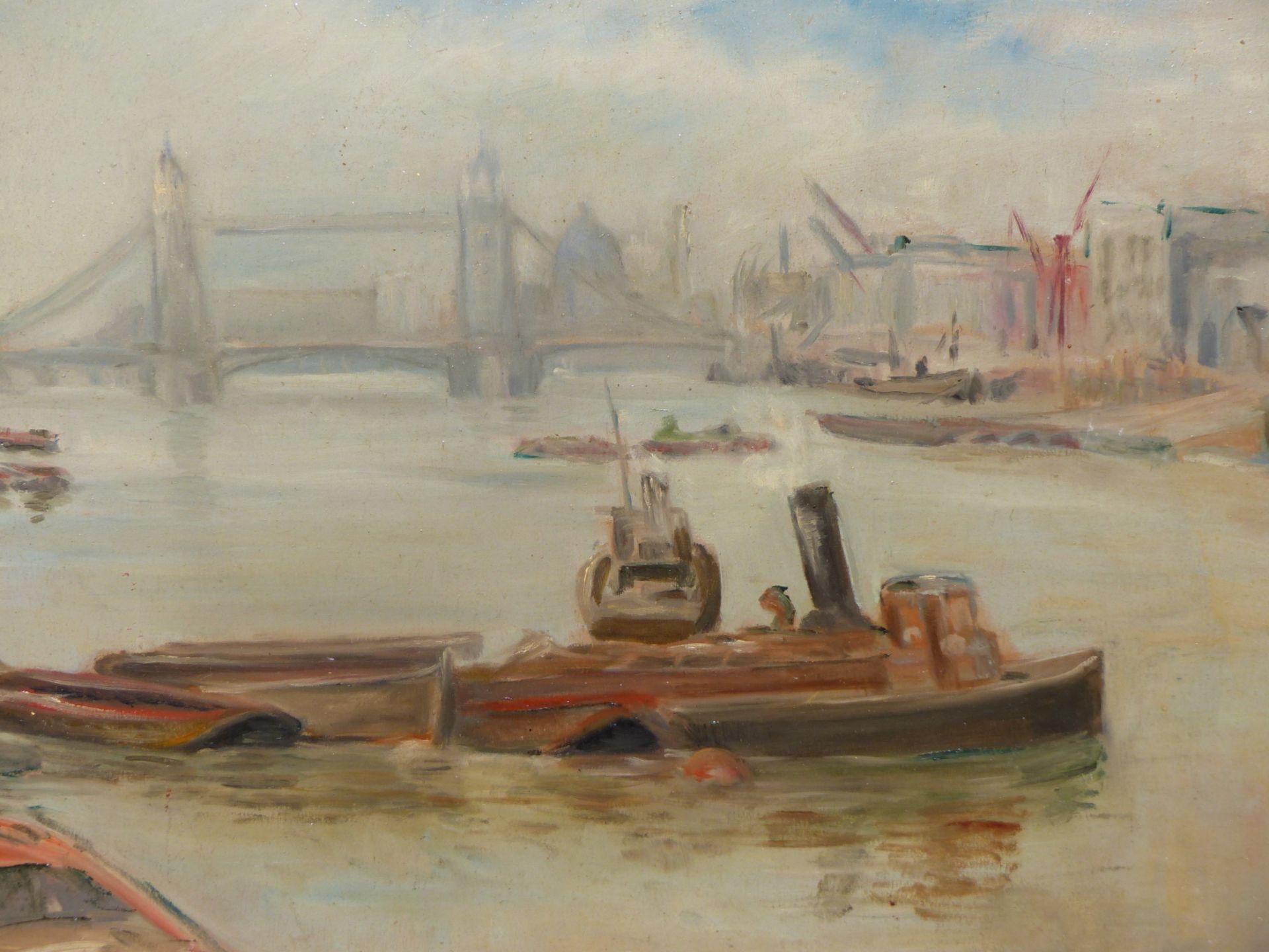PAULINE BOUMPHREY (1886-1959) AMERICAN, TUG BOAT NEAR A RIVER BRIDGE, SIGNED AND DATED 1953, OIL