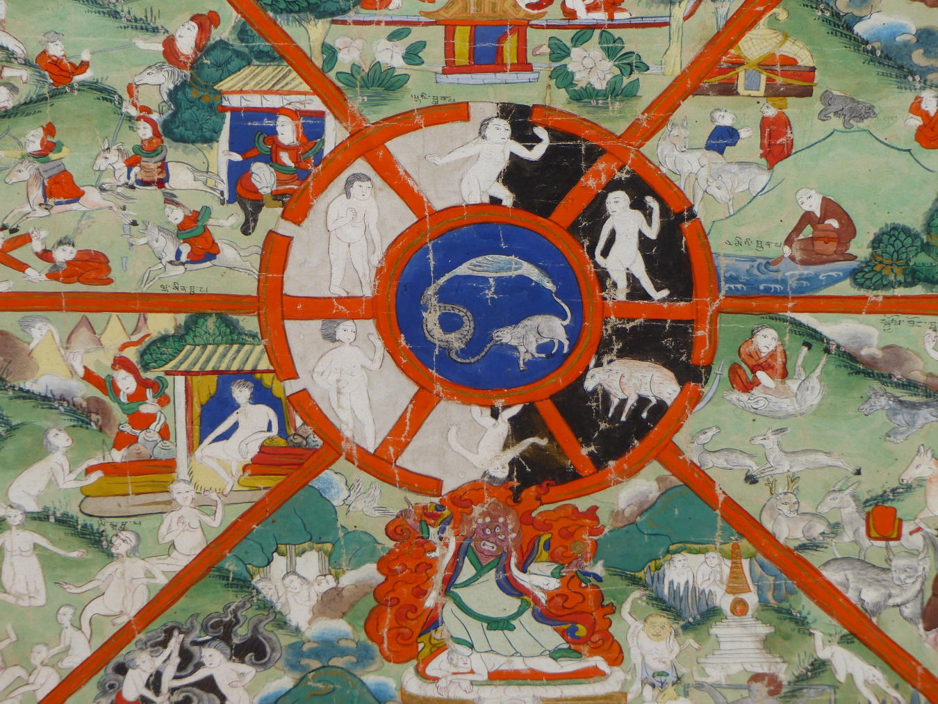 SINO TIBETAN SCHOOL, 19THC. FRAMED TIBETAN THANG-KA DEPICTING CIRCLE OF LIFE. DISTEMPER ON LINEN, - Bild 6 aus 8