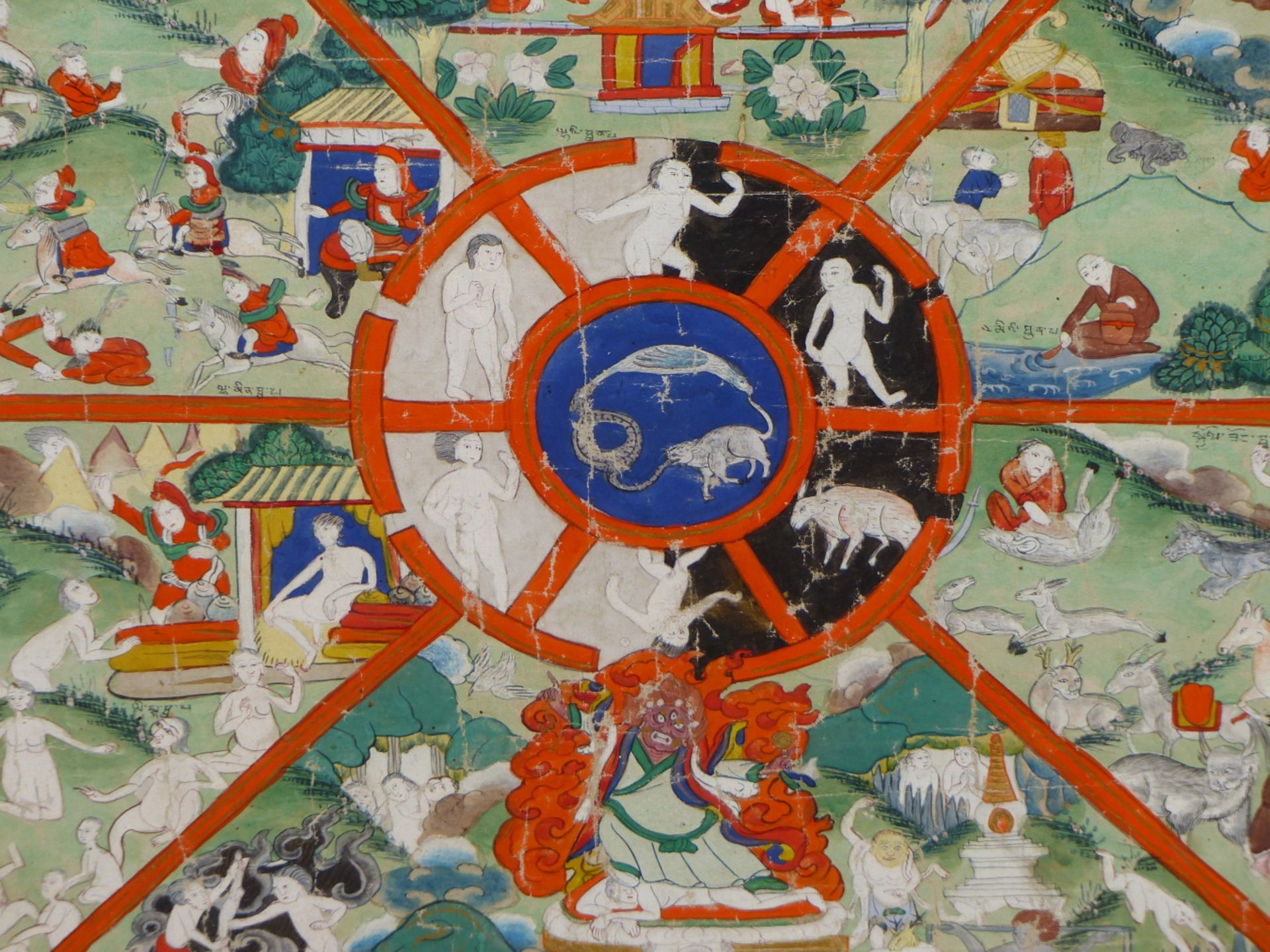 SINO TIBETAN SCHOOL, 19THC. FRAMED TIBETAN THANG-KA DEPICTING CIRCLE OF LIFE. DISTEMPER ON LINEN, - Image 6 of 8