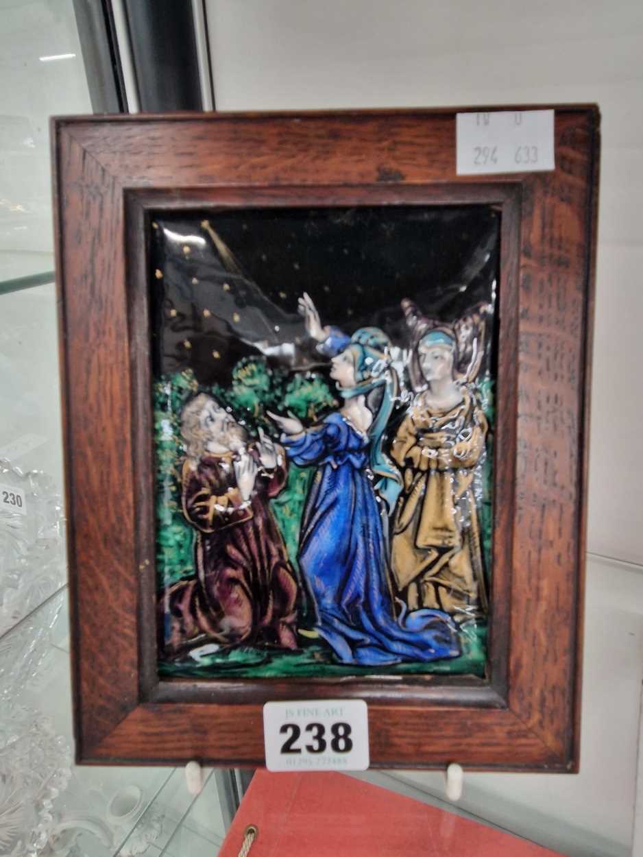 A framed Limoges enamel plaque with three figure wondering at the star over Bethlehem 14.5cm x 10cm
