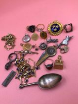 A pair of 9ct gold gemset earrings, two Siam silver rings and a brooch, a eastern ring with