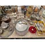 A kings pattern part cutery service, other silver plated wares, a copper kettle etc.