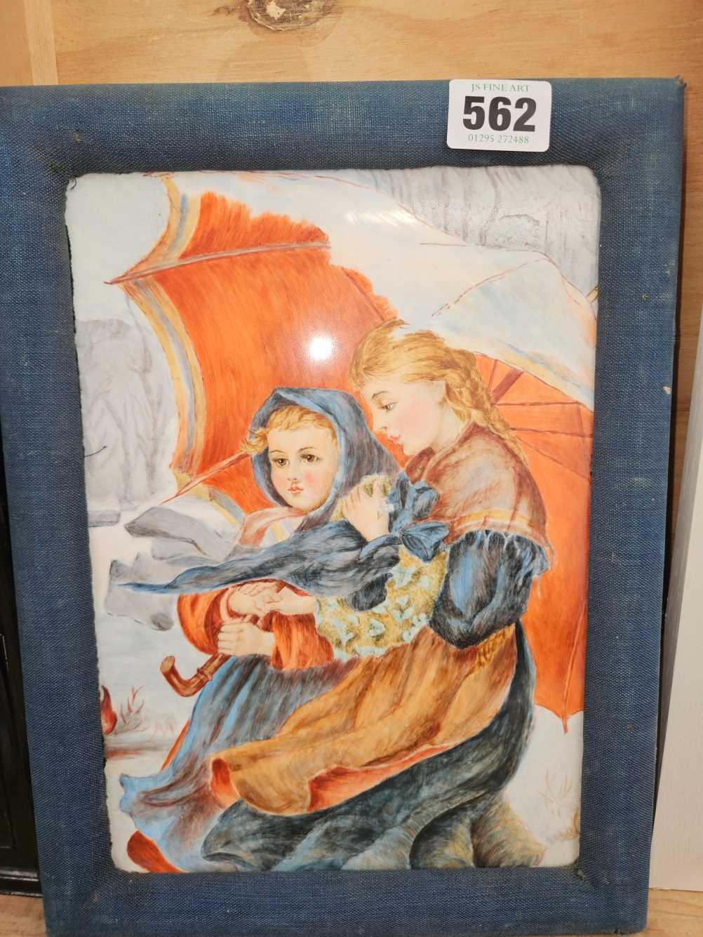 A CONTINENTAL SCHOOL PAINTING ON PORCELAIN OF TWO CHILDREN IN THE SNOW, 17 x 24.5cm.