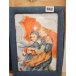 A CONTINENTAL SCHOOL PAINTING ON PORCELAIN OF TWO CHILDREN IN THE SNOW, 17 x 24.5cm.