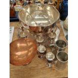 An electroplate punch bowl with cups, a copper comport and two pewter mugs