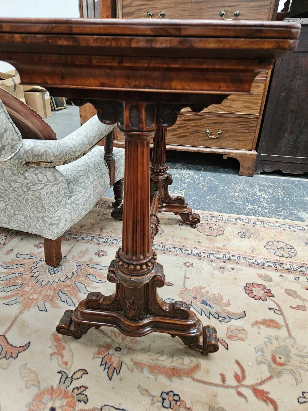 A Victorian burr walnut foldover games tables. - Image 3 of 5