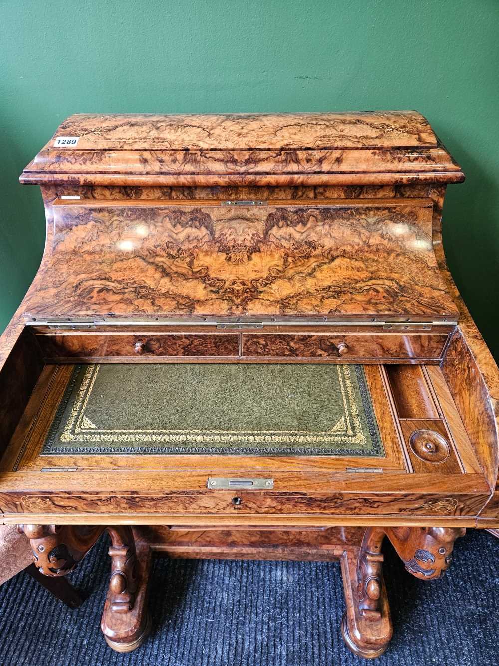 A fine Victorian burr walnut piano top pop up Davenport desk. Slight bubbling to the veneer on the - Image 6 of 47