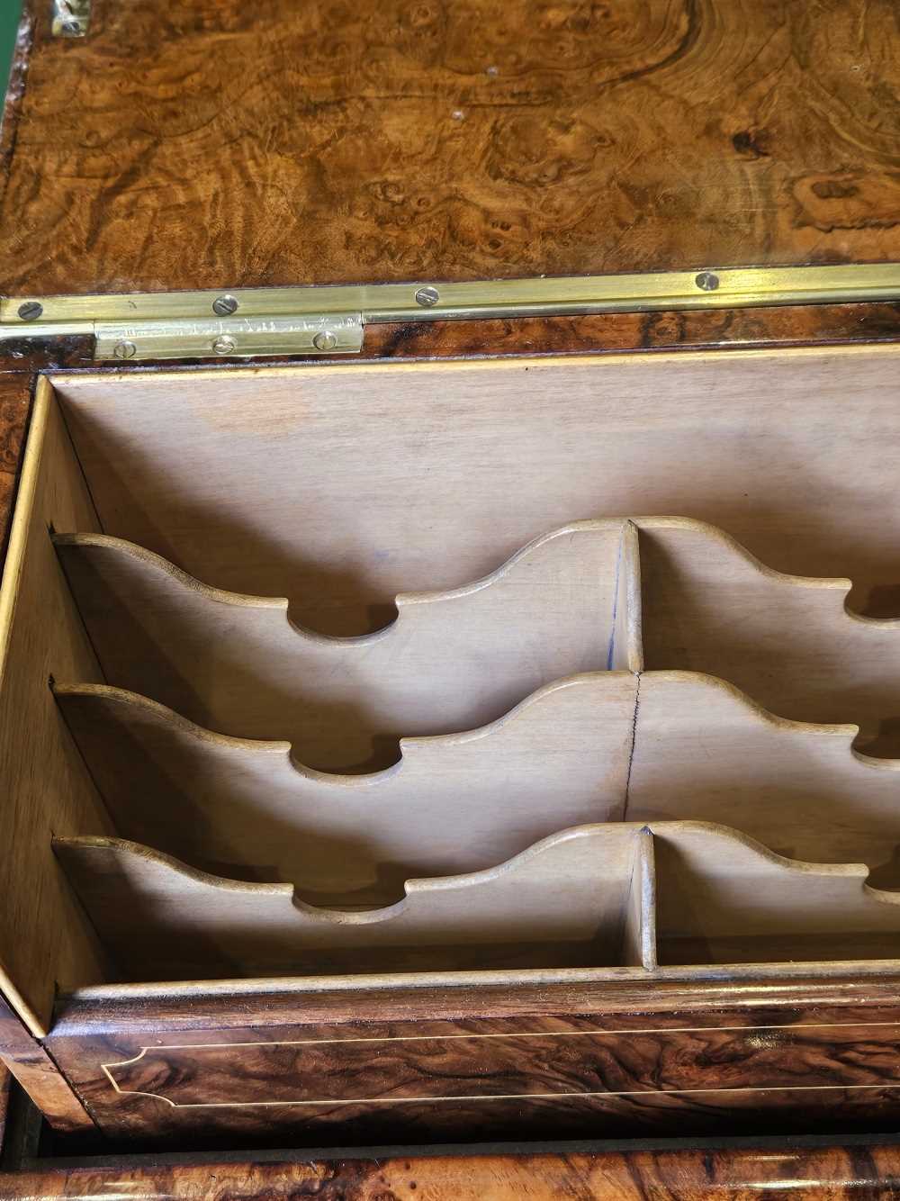 A fine Victorian burr walnut piano top pop up Davenport desk. Slight bubbling to the veneer on the - Image 19 of 47