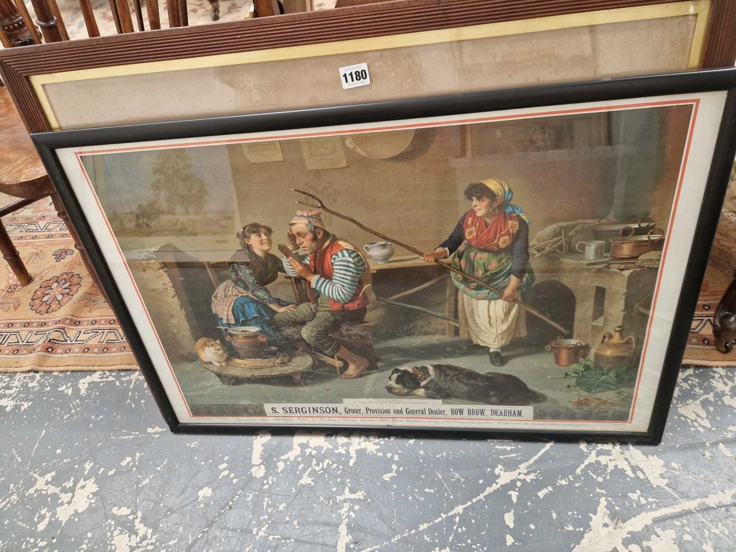 A antique advertising print and an oak framed engraving.
