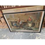 A antique advertising print and an oak framed engraving.