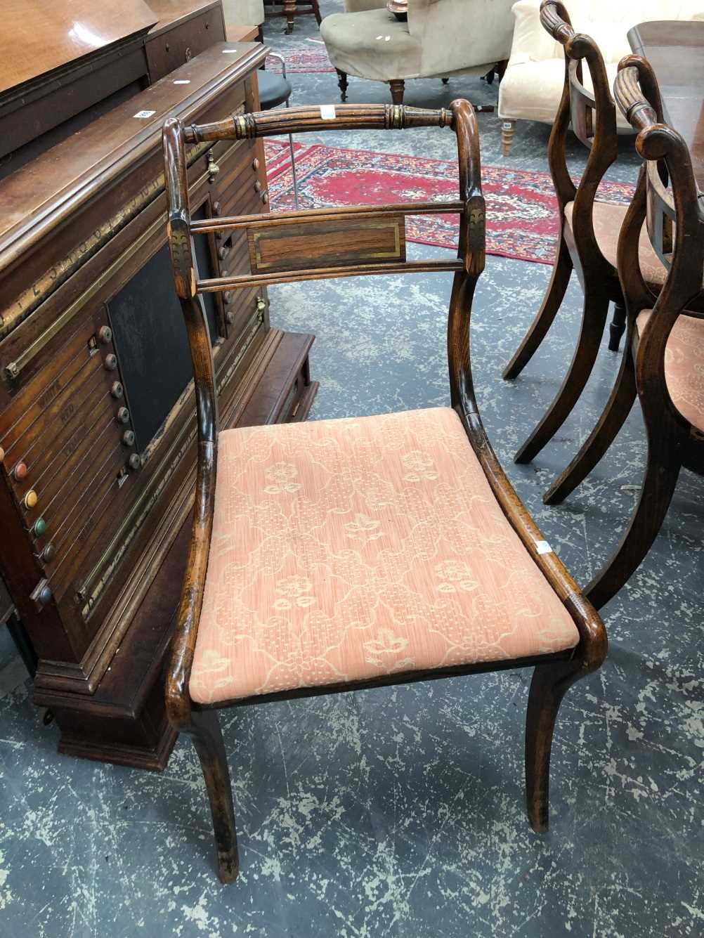 A set of 8 Regency brass inlaid dining chairs. Thank you for your inquiry. Details are carves w 55 x - Image 32 of 35