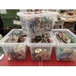 Four large boxes of various costume beads, necklaces, and other dress jewellery.