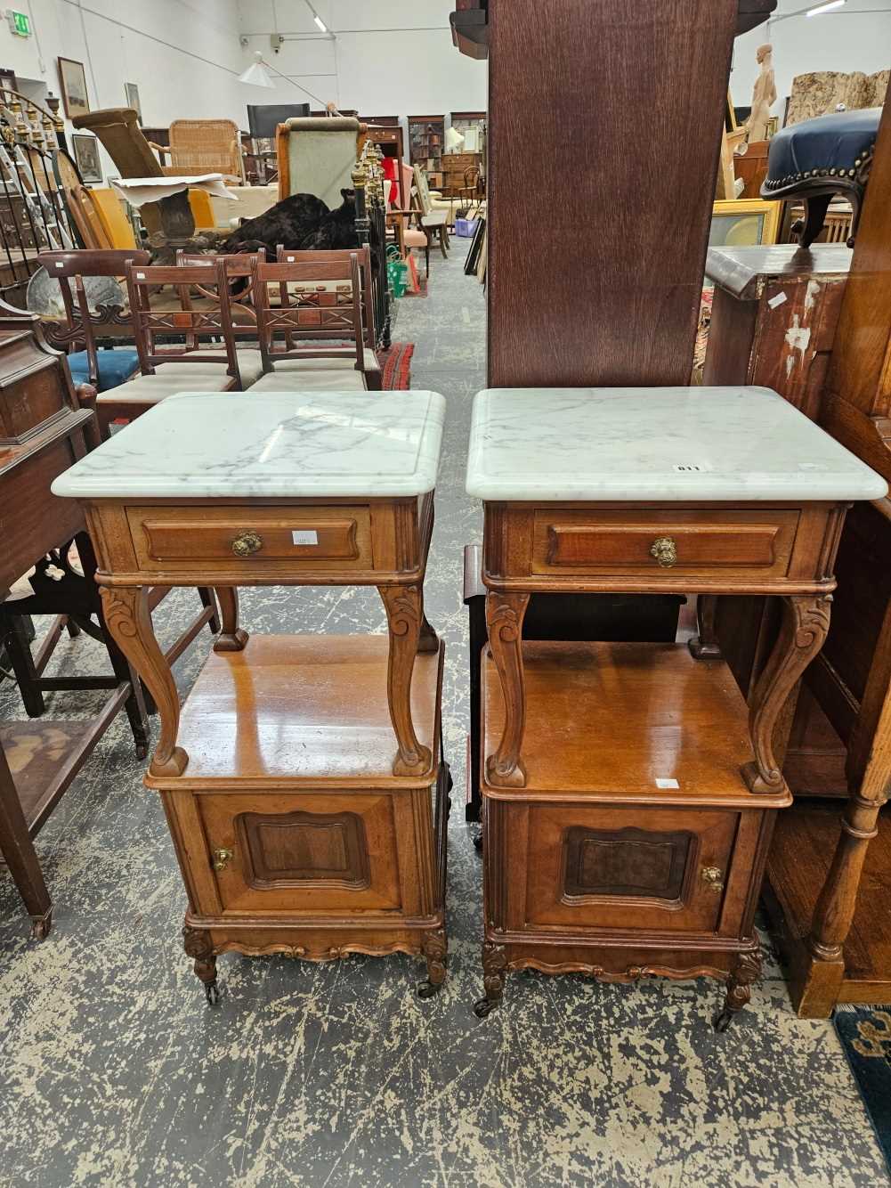 A pair of antique walnut marble top bedside cabinets. - Image 2 of 3