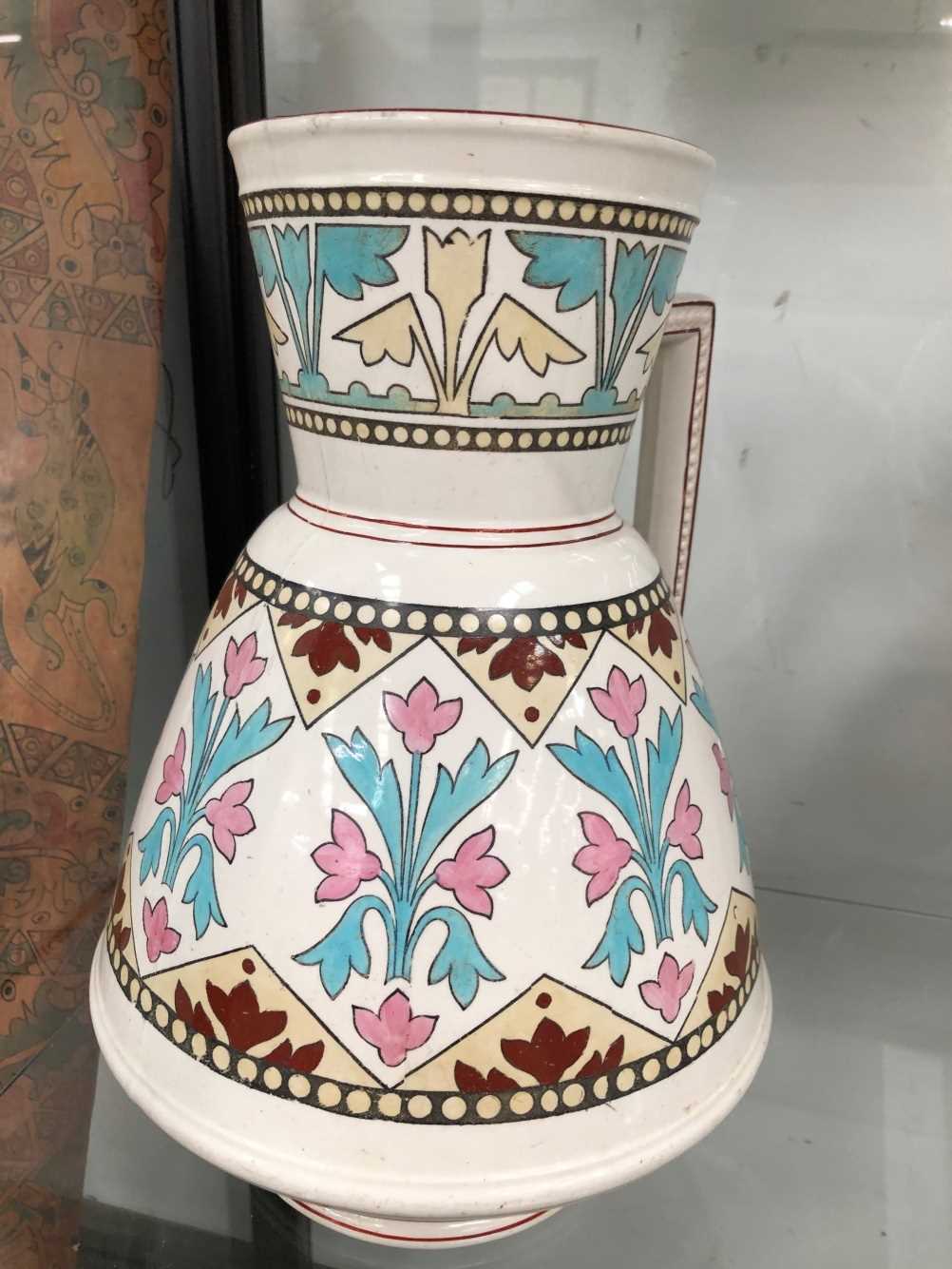 Two pottery wash jugs decorated in Pugin taste The jug with pink decoration has a hairline - Image 8 of 17