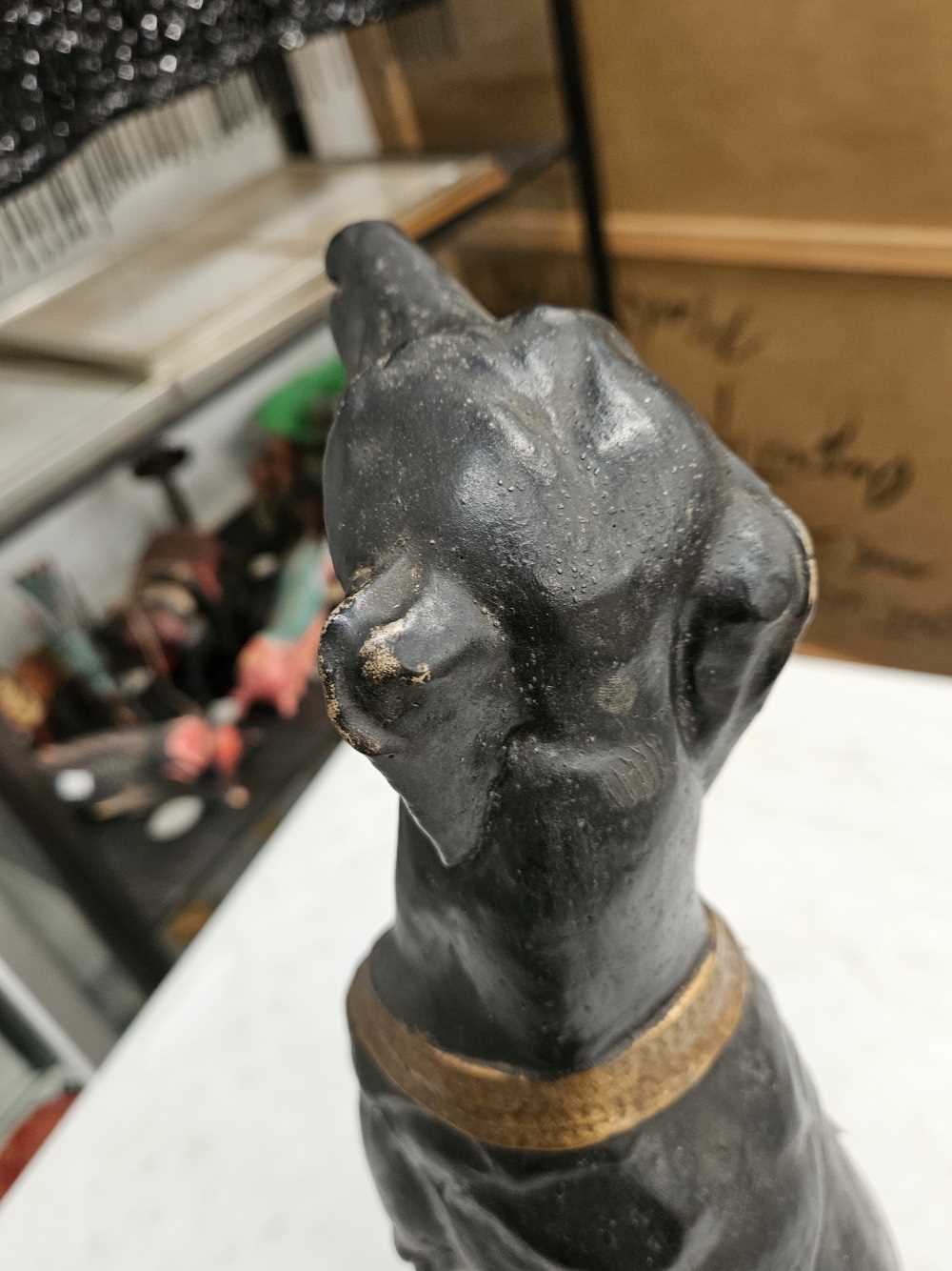 An iron bootscraper together with a plaster seated greyhound figure Chip to base of greyhound - Image 4 of 17