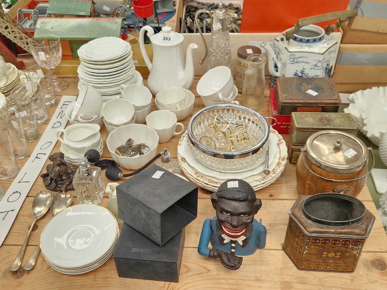 Crown Derby and other white tea wares, various tins, an iron money box, wristwatches, drinking