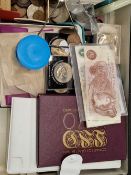 A large tray of coins including commemortive packs.