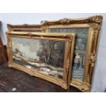 Two prints after the old masters and an oil on canvas landscape all in gilt frames.