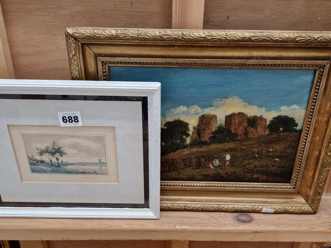 19th century oil on canvas, Llan Stephan Castle, circa 1860, together with a small watercolour and a