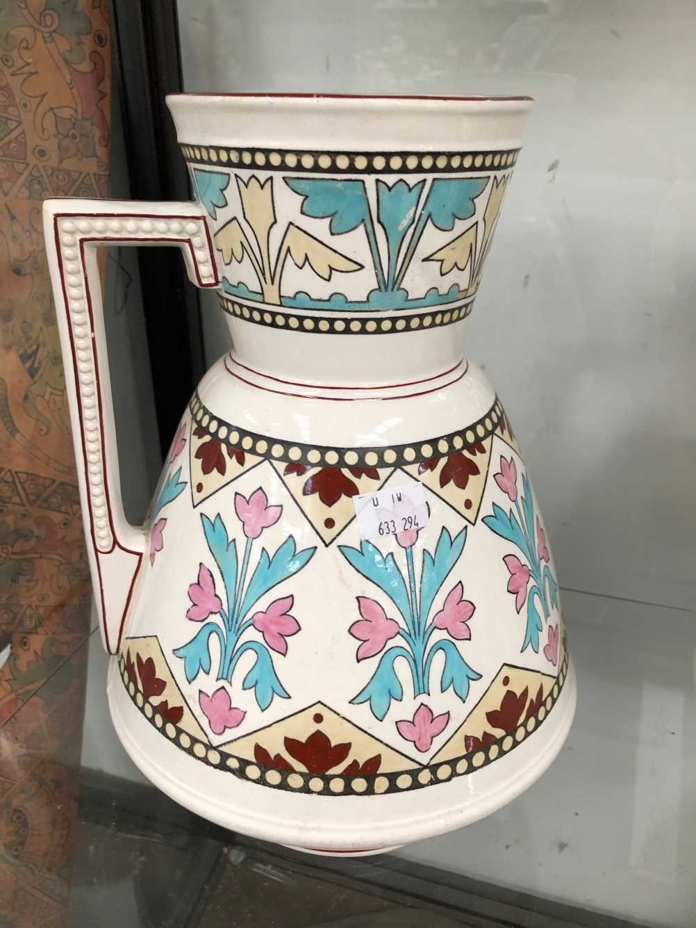 Two pottery wash jugs decorated in Pugin taste The jug with pink decoration has a hairline - Image 2 of 17