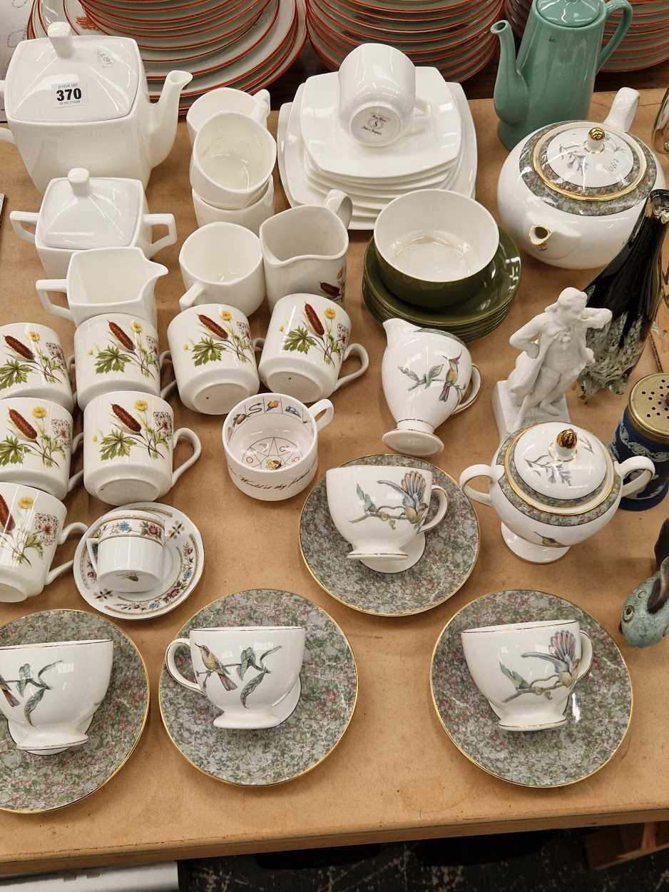 Wedgwood, Johnsons and other tea and coffee wares, a blue jasper sugar caster, a glass penguin, etc