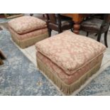 A pair of footstools with feather cushion tops H 49 W 67 D 67 cm. Structrually sounf and