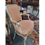 A French painted show frame armchair, together with a pair and one other occasional table.
