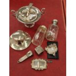 Two hallmarked silver decanter labels, a small tazza, a capston inkwell, cigar cutter, mustard