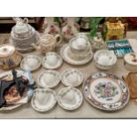 Shelley and European tea wares, a pair of vases applied with roses, a green glass vase, mantel clock