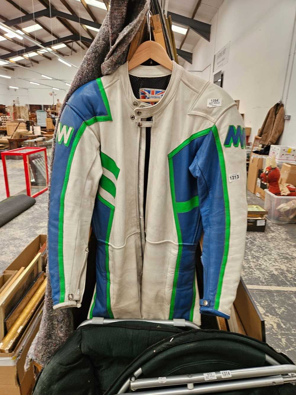 Vintage Mike Willis MW leathers, motorcycle racing one piece suit blue vivid green and white