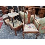 A cabriole leg large arm chair, two bedroom chairs and a commode.