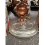 A glass lined pewter two handled oval dish together with a copper epergne